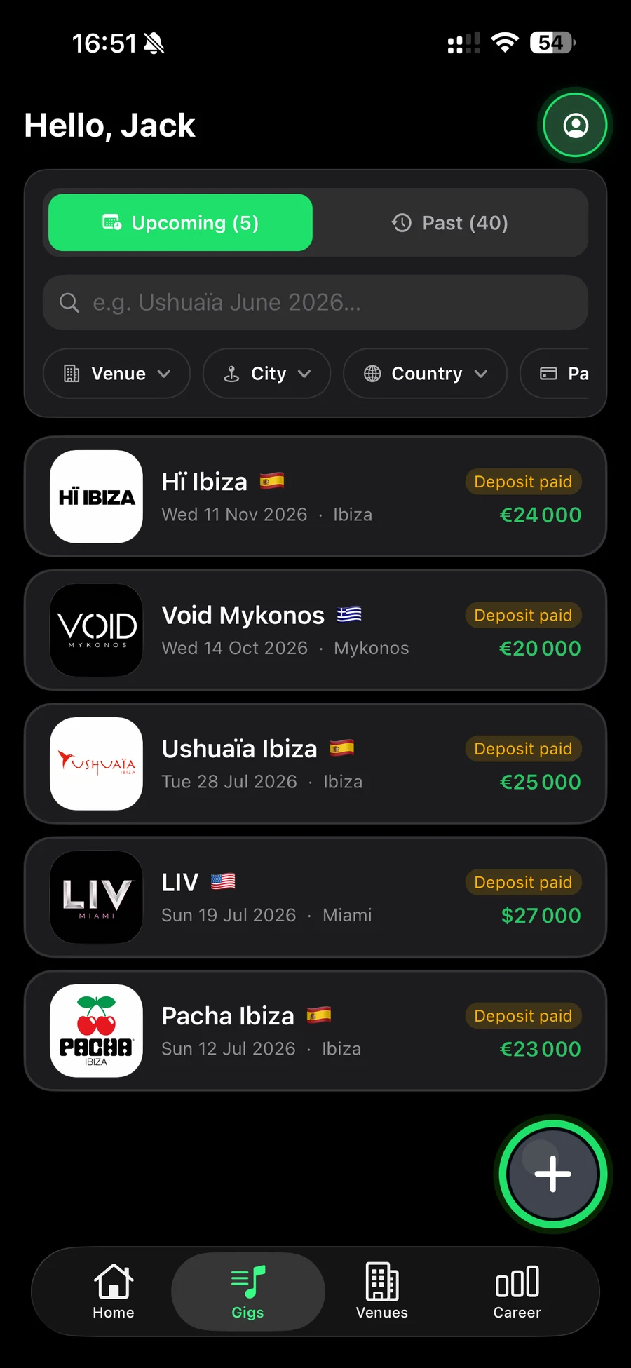 ArtistLume gigs list with upcoming bookings, fees, and deposit status
